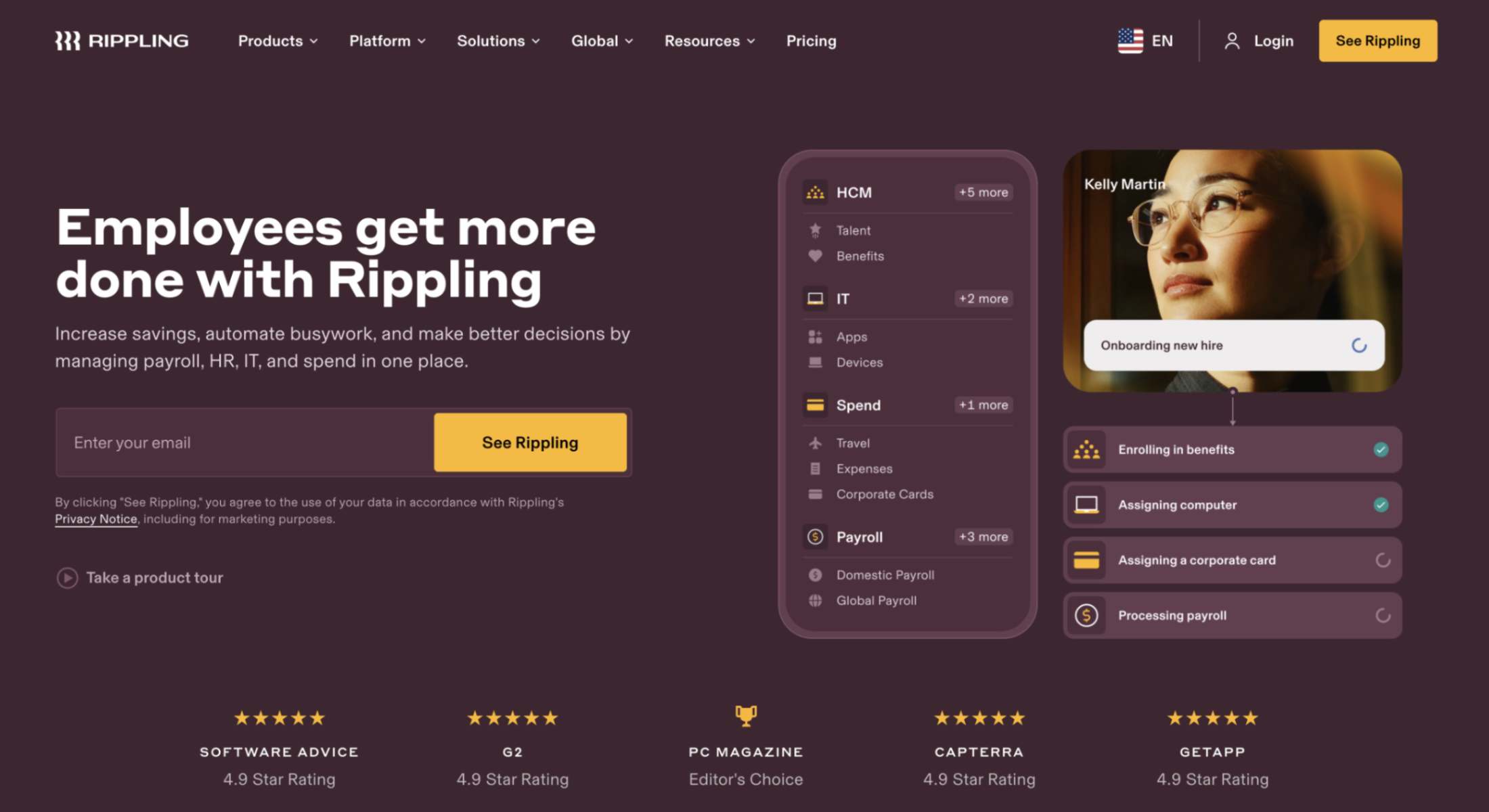 Employee record management software Rippling homepage screenshot