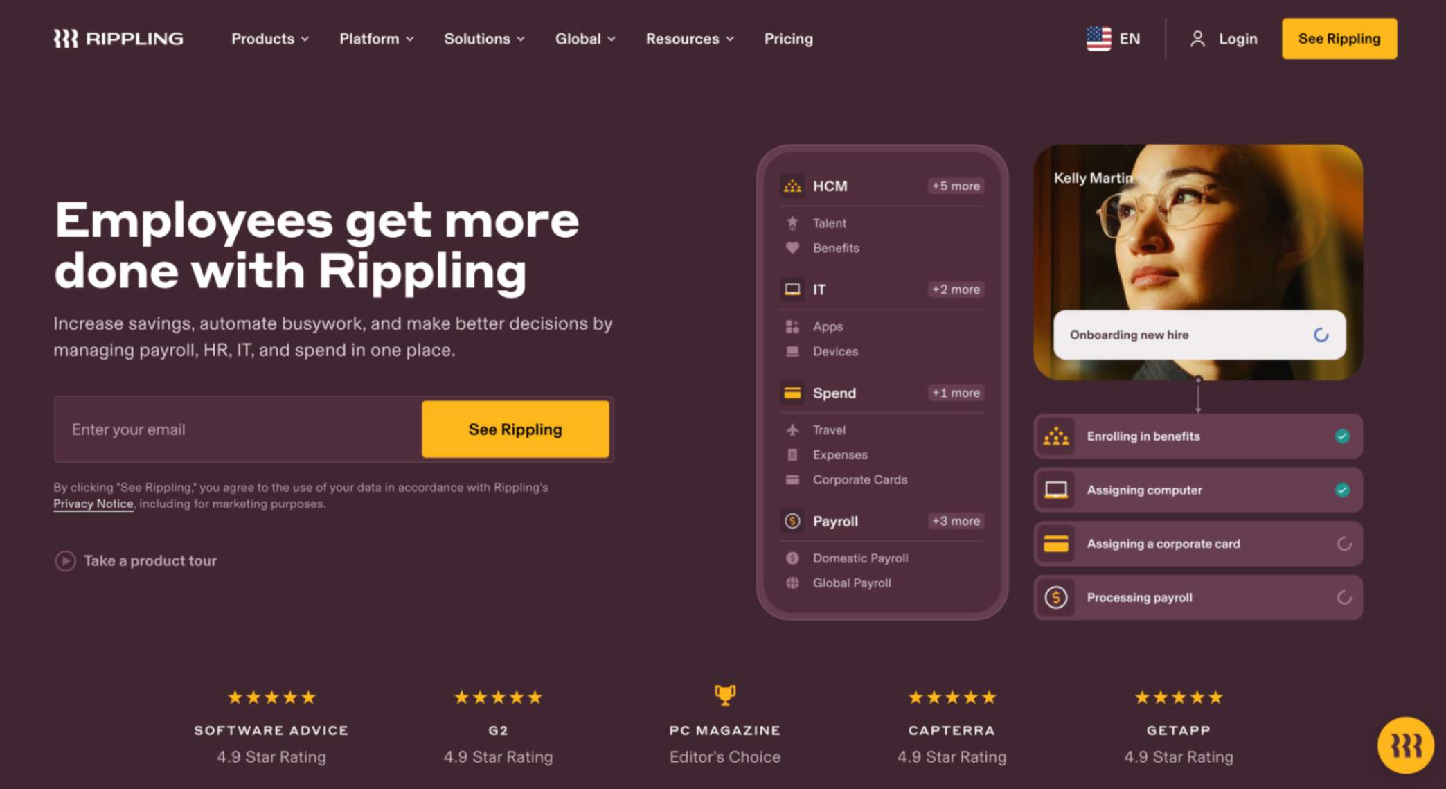 Rippling, HR automation software, homepage screenshot