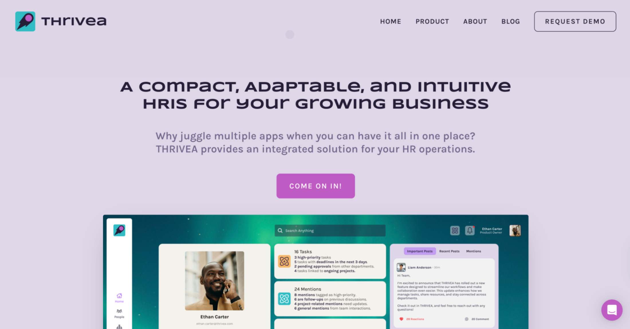 Thrivea, HR automation software, homepage screenshot