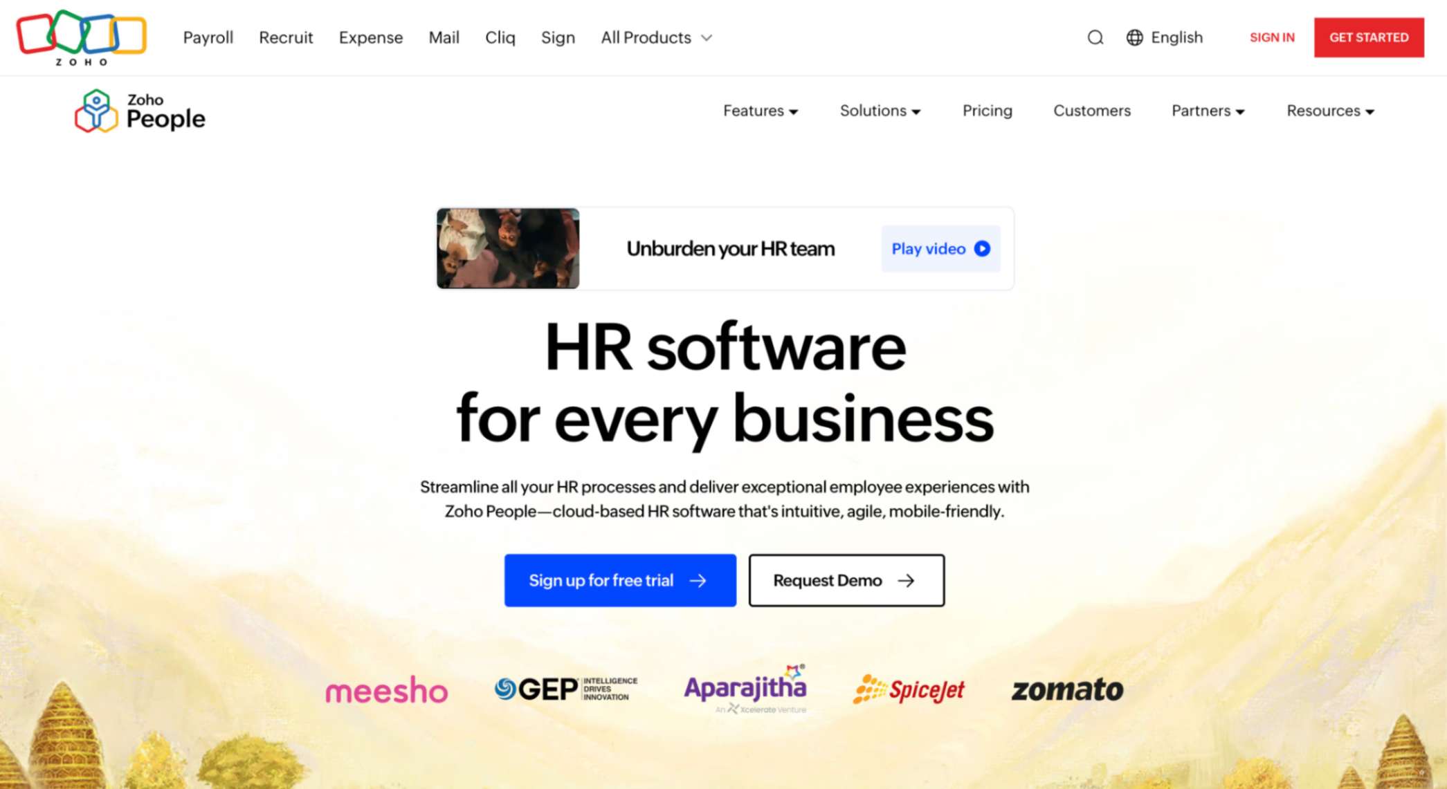 Zoho People, HR automation software, homepage screenshot
