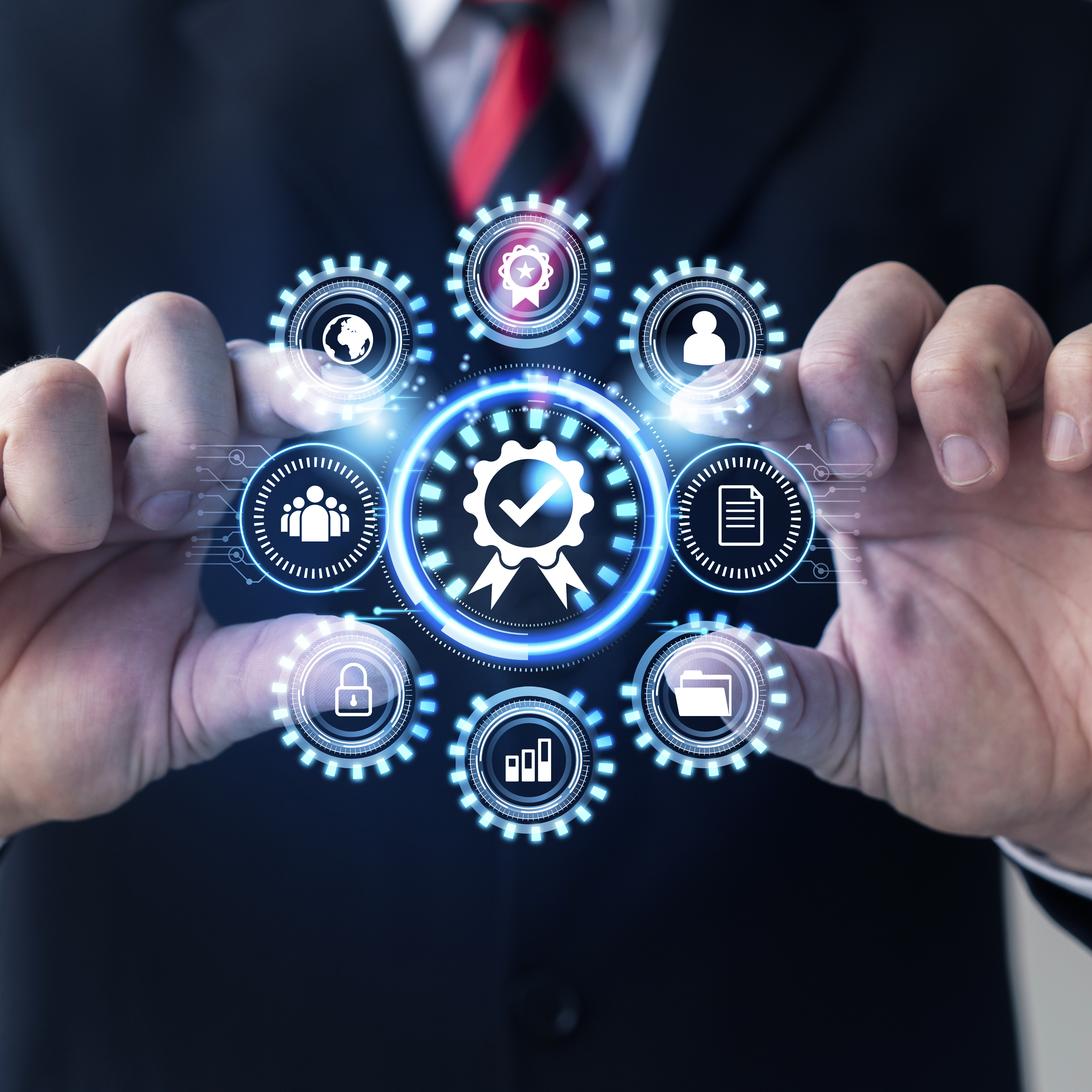 Hands interacting with digital interface showing icons for HR automation software functions like employee records, compliance, and data security