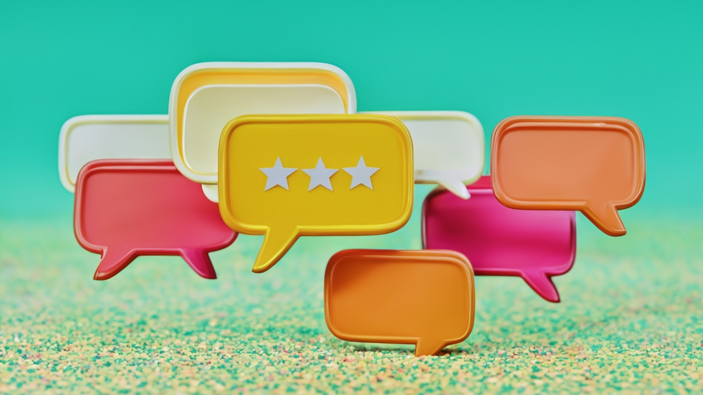 Colorful speech bubbles with stars representing customer reviews, tied to Deel review of HR and payroll platform.