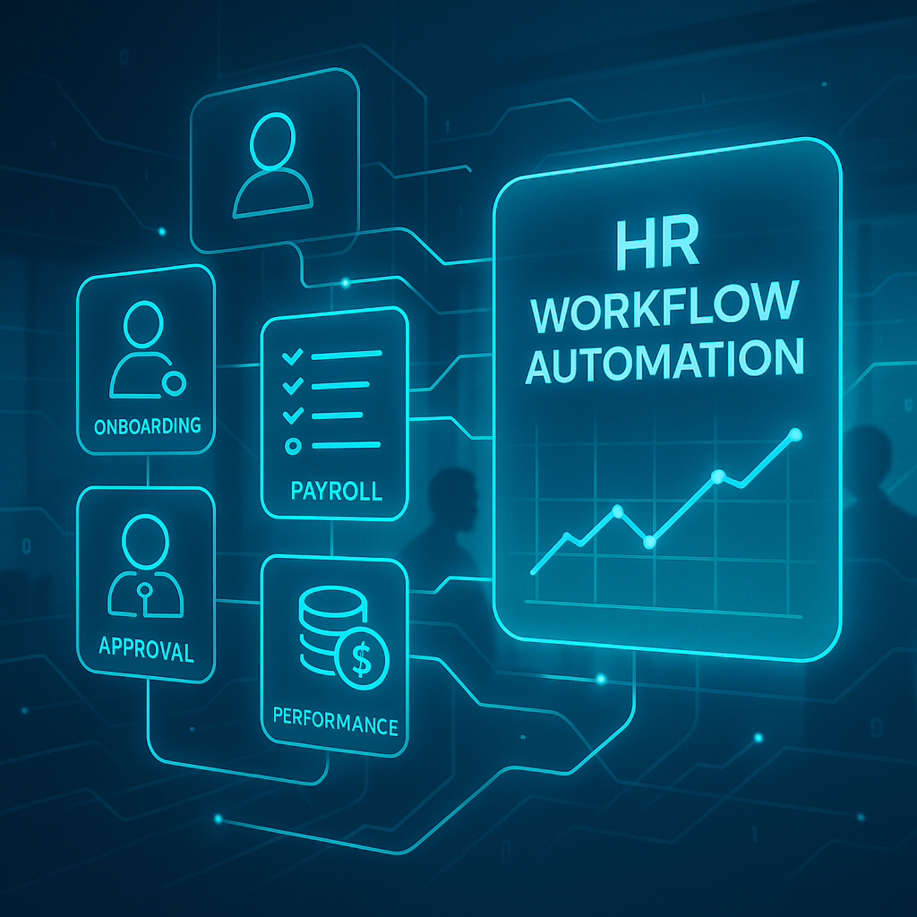 Illustration of HR workflow automation with holographic icons representing onboarding, payroll, approvals, and performance connected by glowing data streams.