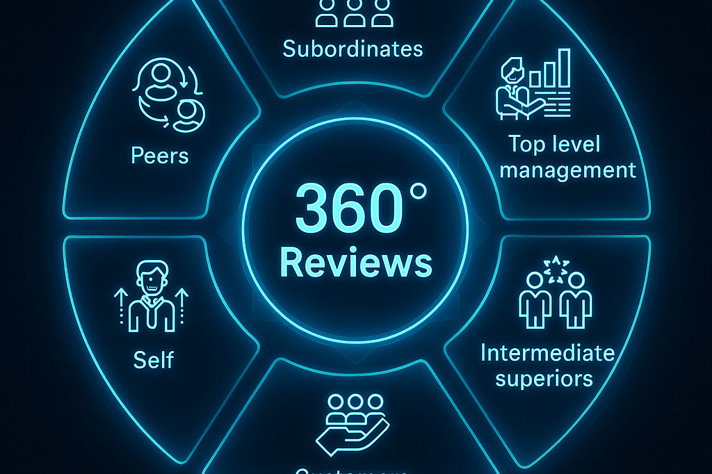 Futuristic infographic of the 360 review process with glowing holographic nodes connecting feedback from self, peers, subordinates, managers, and customers.