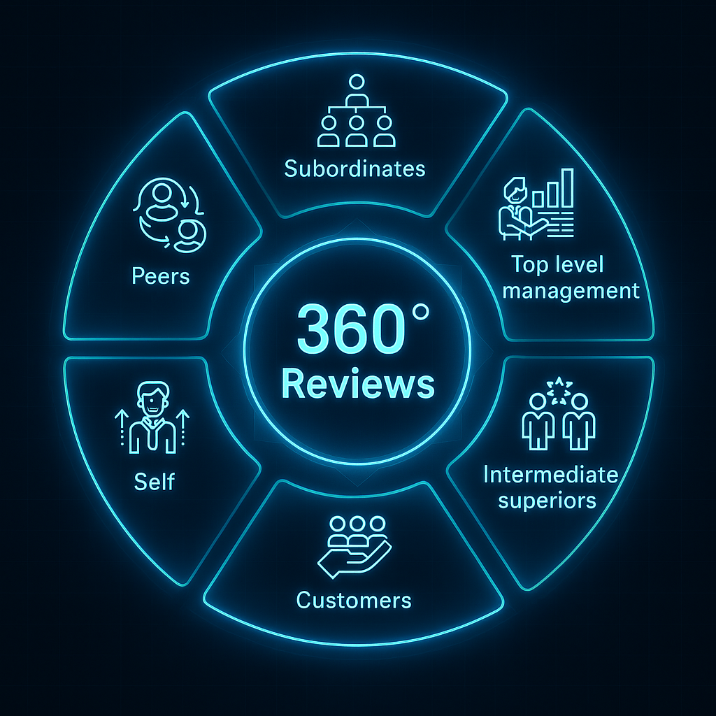 Futuristic infographic of the 360 review process with glowing holographic nodes connecting feedback from self, peers, subordinates, managers, and customers.