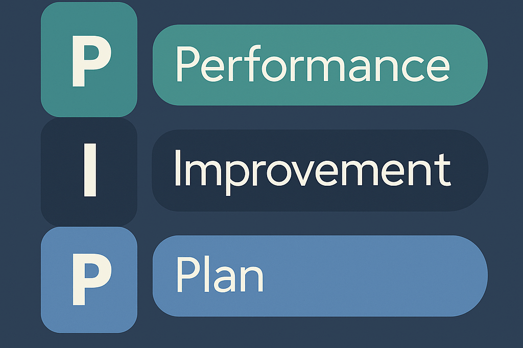 Illustration of Performance Improvement Plans with labeled sections for Performance, Improvement, and Plan in modern HR design.