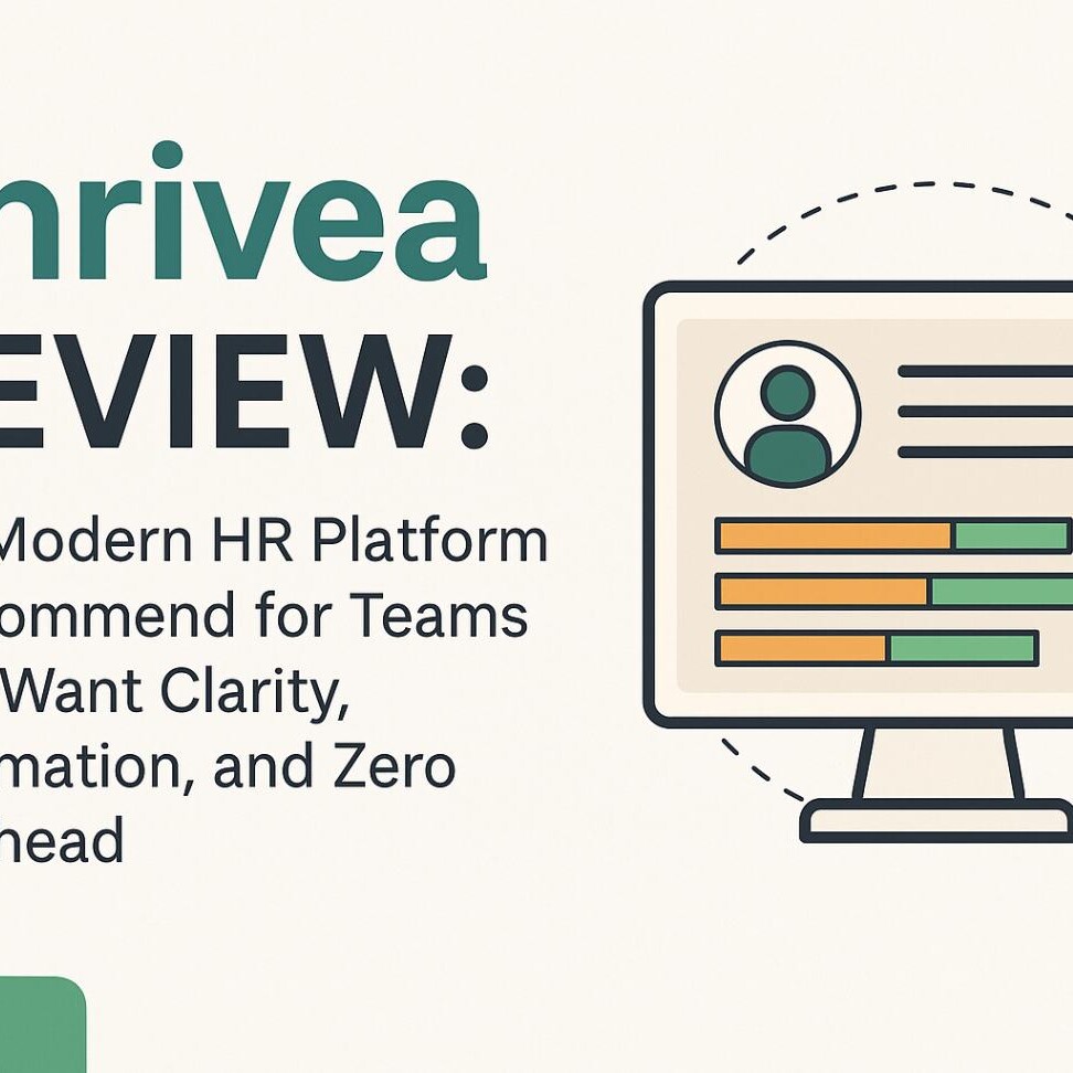 Illustration for a Thrivea review showing a modern HR dashboard on a computer screen with teal, green, and orange elements on a neutral background.
